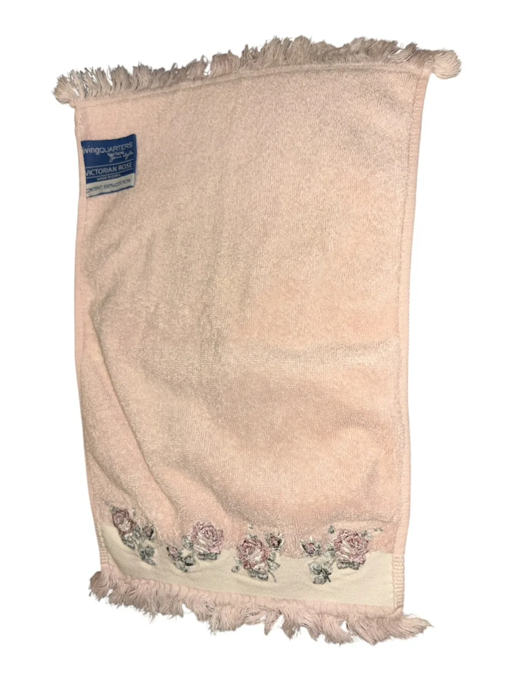 Vintage Blush Pink Floral Embroidered Fringe Hand Towel